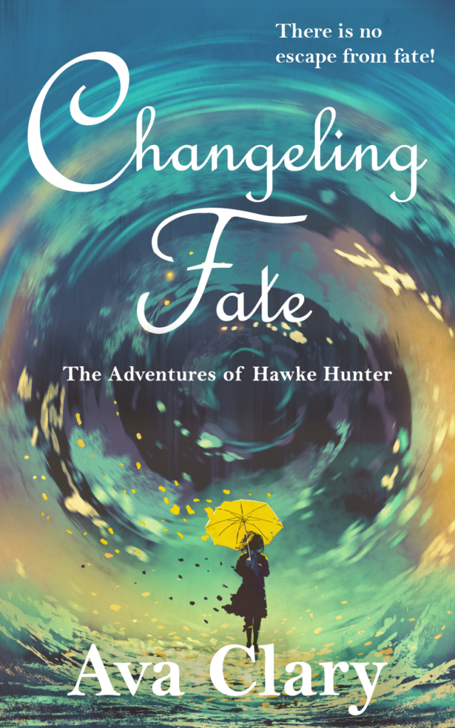 Changeling Fate. Stacie stands with a yellow umbrella in front of a watery spiral sky
